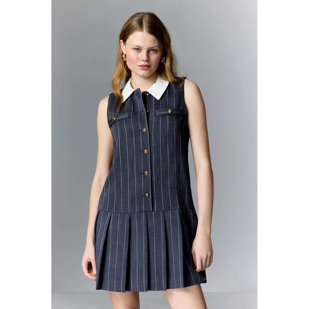 Sandro Paris Navy Pinstripe Sleeveless Collared Pleated Tennis Dress size 40